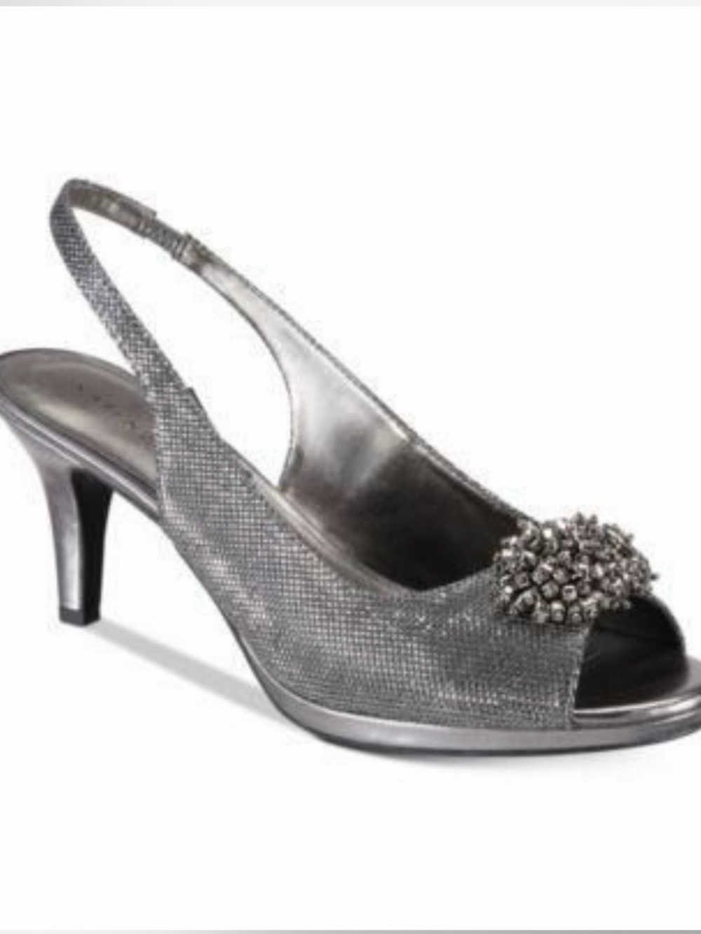 #914 Karen Scott Pewter Slingback Peep-Toe Heels with Crystal Accent. NIB